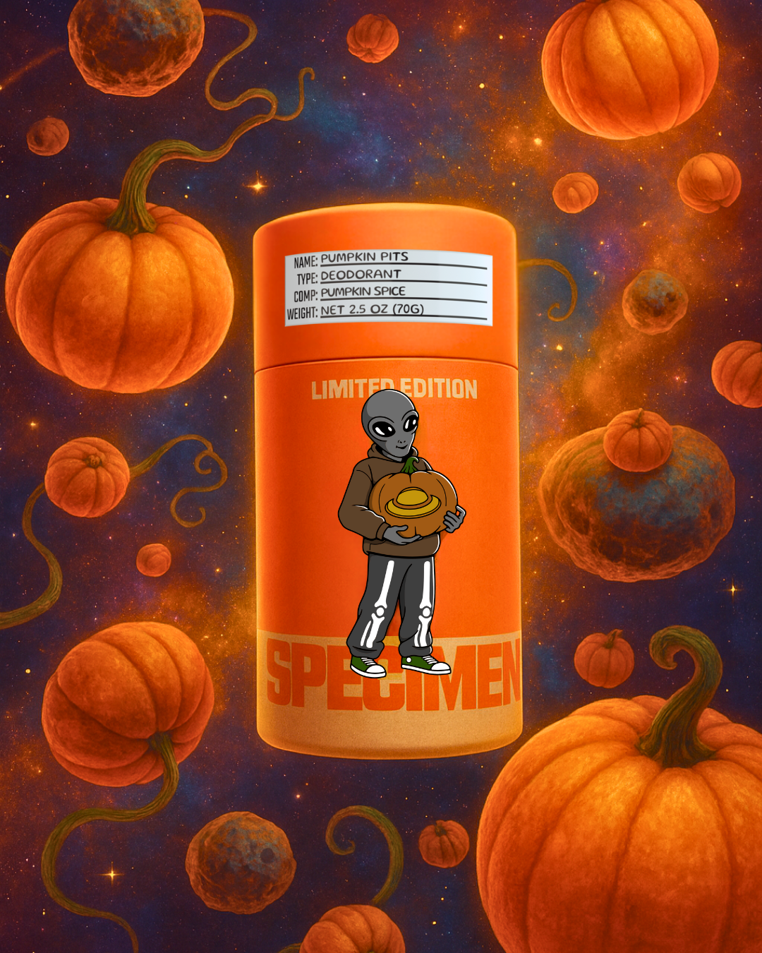Vibrant, editorial-style creative image featuring Specimen’s Pumpkin Pits deodorant floating in a cosmic harvest festival scene. Surrounded by glowing pumpkins, vines, and a star-filled galaxy, the design highlights the deodorant’s playful alien mascot and limited-edition seasonal scent.