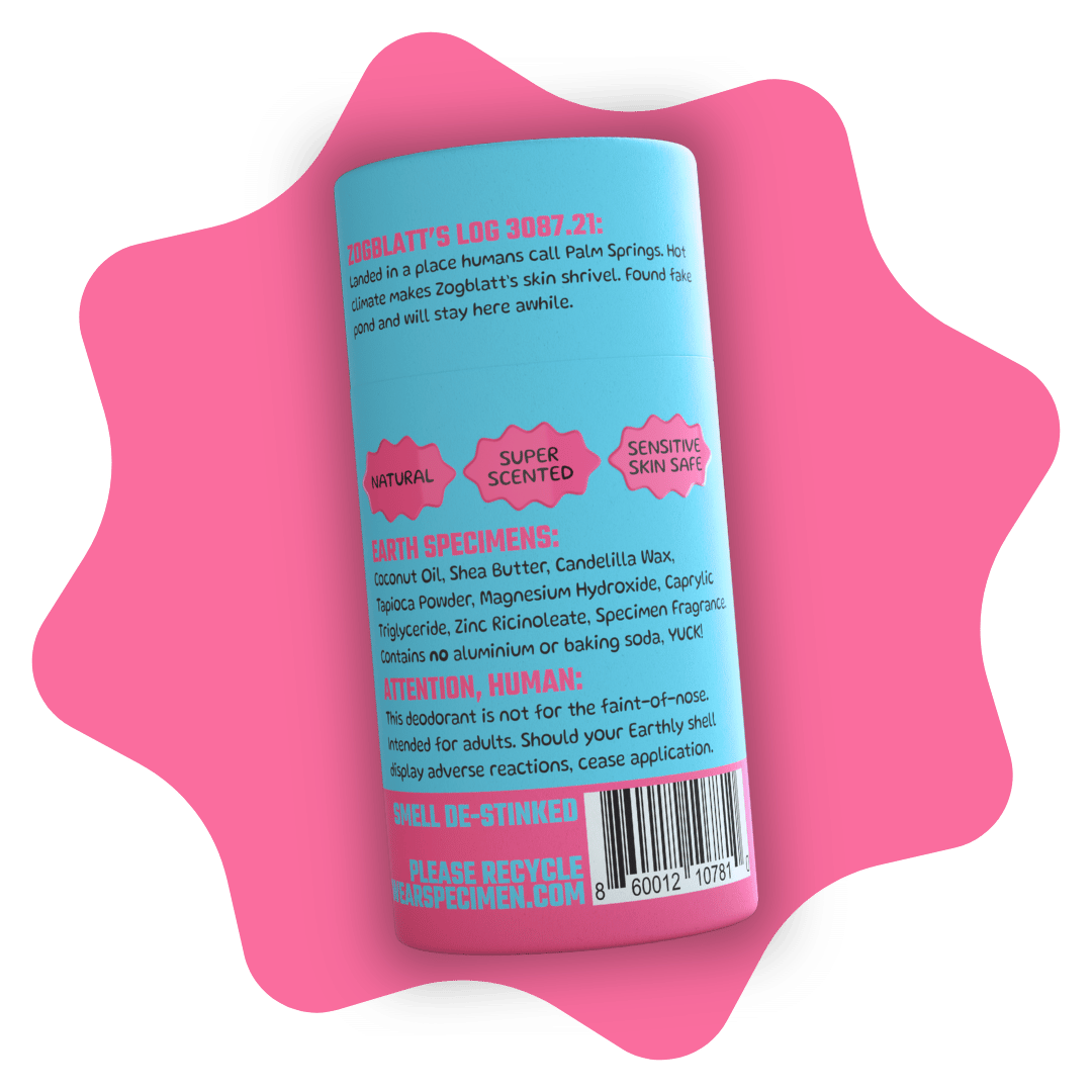 Back of Specimen natural deodorant tube showing eco-friendly packaging and ingredient list – aluminum-free, cruelty-free, and made with natural, skin-safe ingredients.