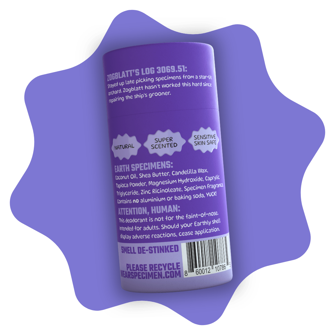 Back of Specimen natural deodorant tube showing eco-friendly packaging and ingredient list – aluminum-free, cruelty-free, and made with natural, skin-safe ingredients.