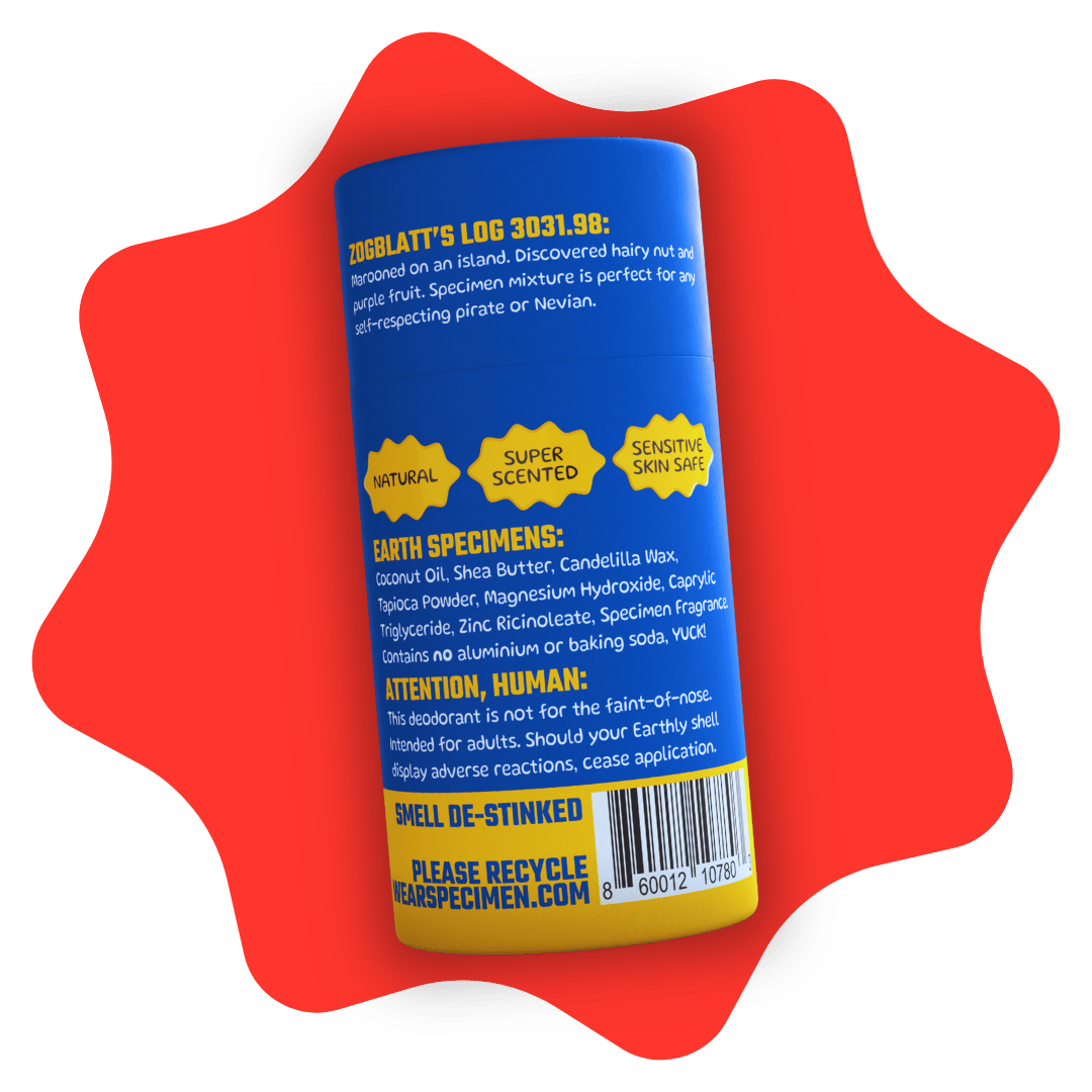 Back of Specimen natural deodorant tube showing eco-friendly packaging and ingredient list – aluminum-free, cruelty-free, and made with natural, skin-safe ingredients.