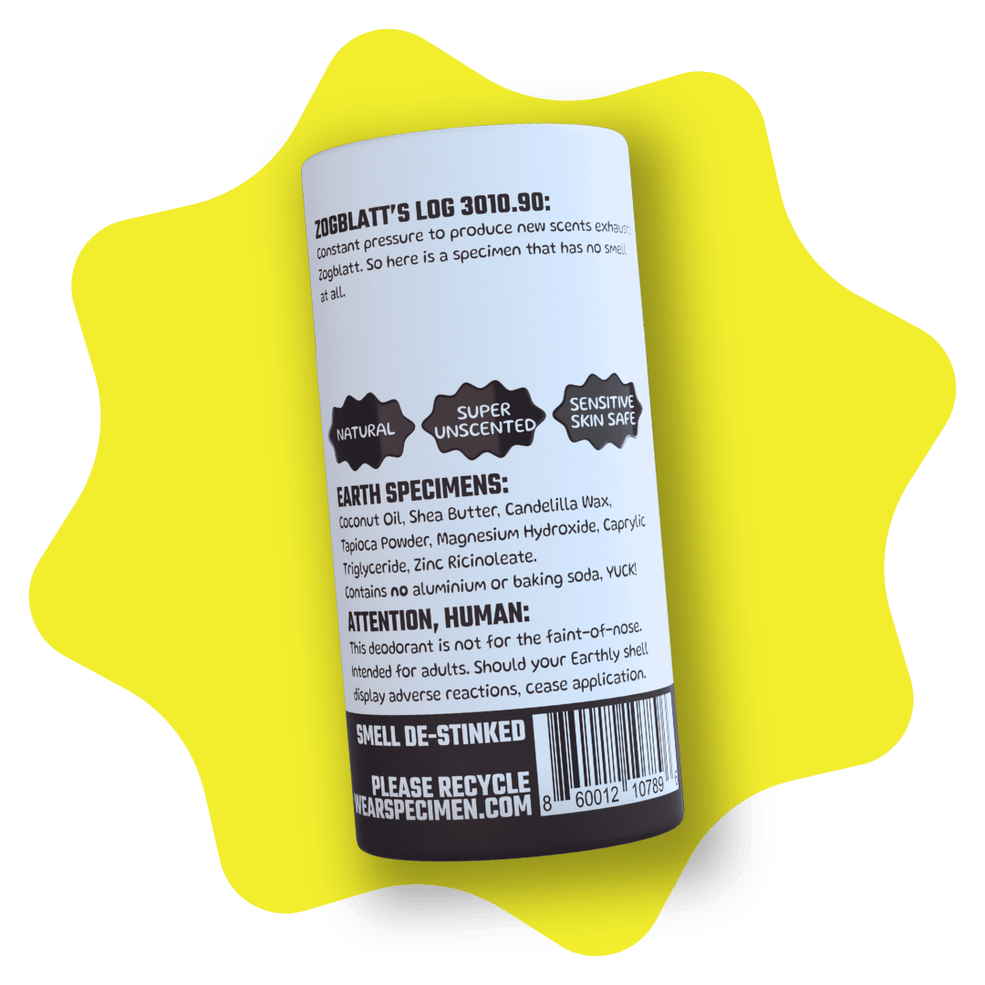 Back of Specimen natural deodorant tube showing eco-friendly packaging and ingredient list – aluminum-free, cruelty-free, and made with natural, skin-safe ingredients.