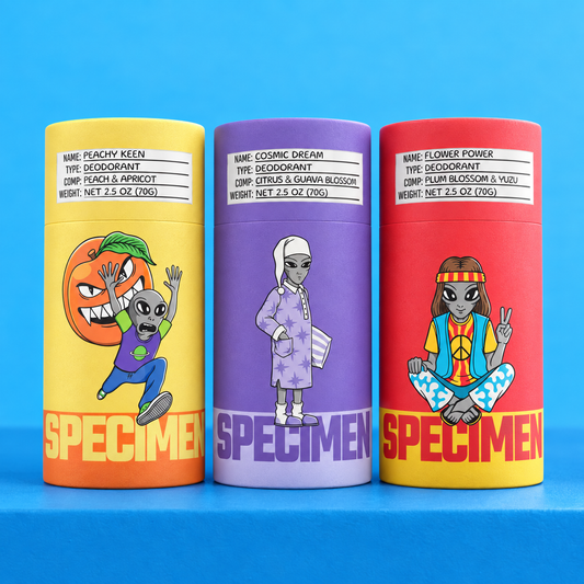 Specimen Galactic Goddess natural deodorant three-pack: Peachy Keen, Cosmic Dream and Flower Power tubes