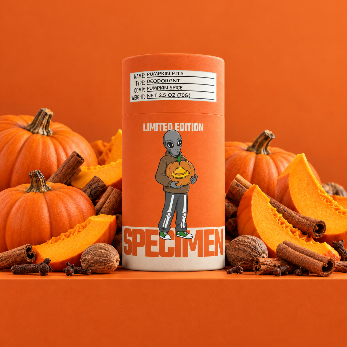 Specimen Pumpkin Pits limited-edition pumpkin spice natural deodorant with pumpkins, cinnamon sticks and nutmeg