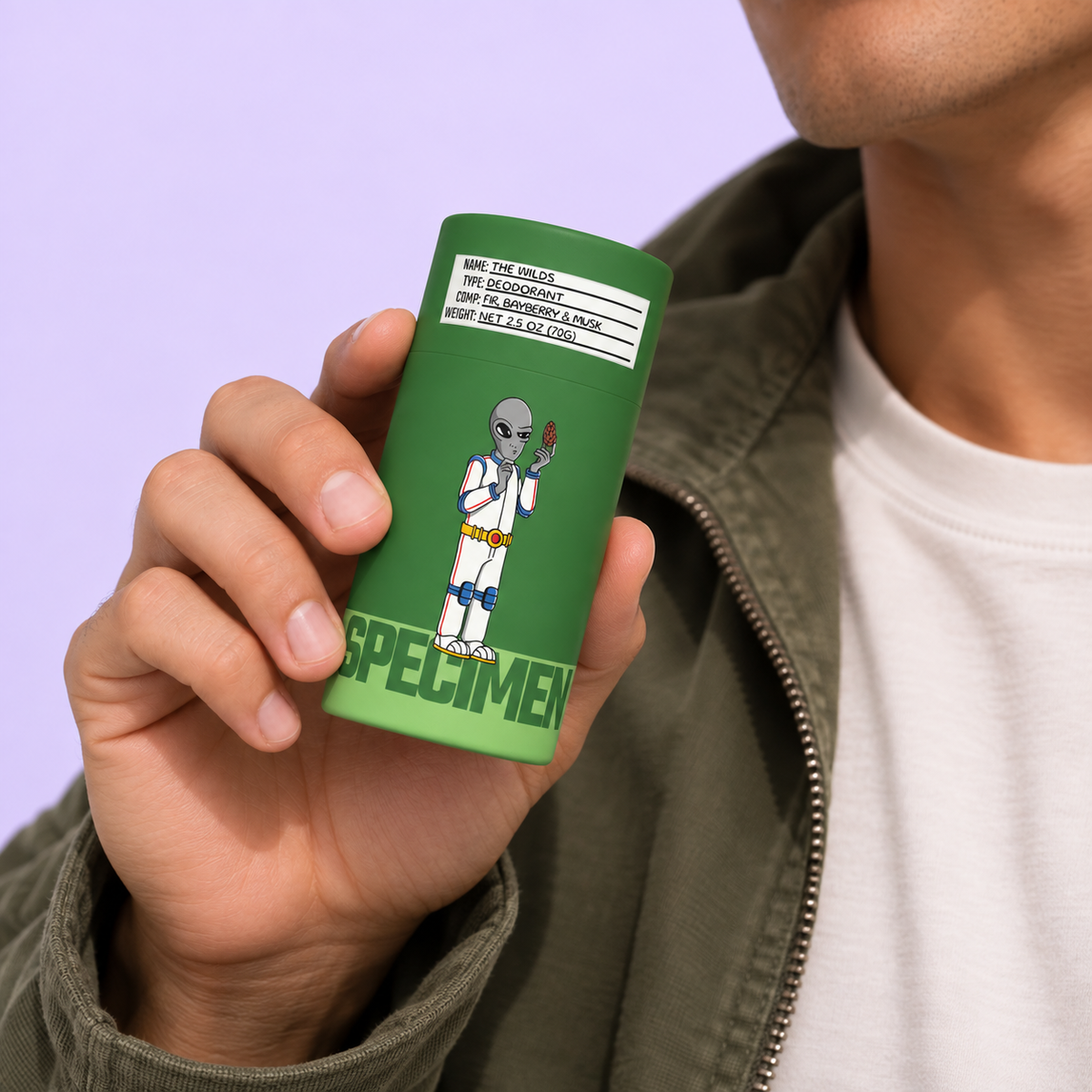 Specimen 'The Wilds' natural deodorant — Fir, Bayberry & Musk, held in hand