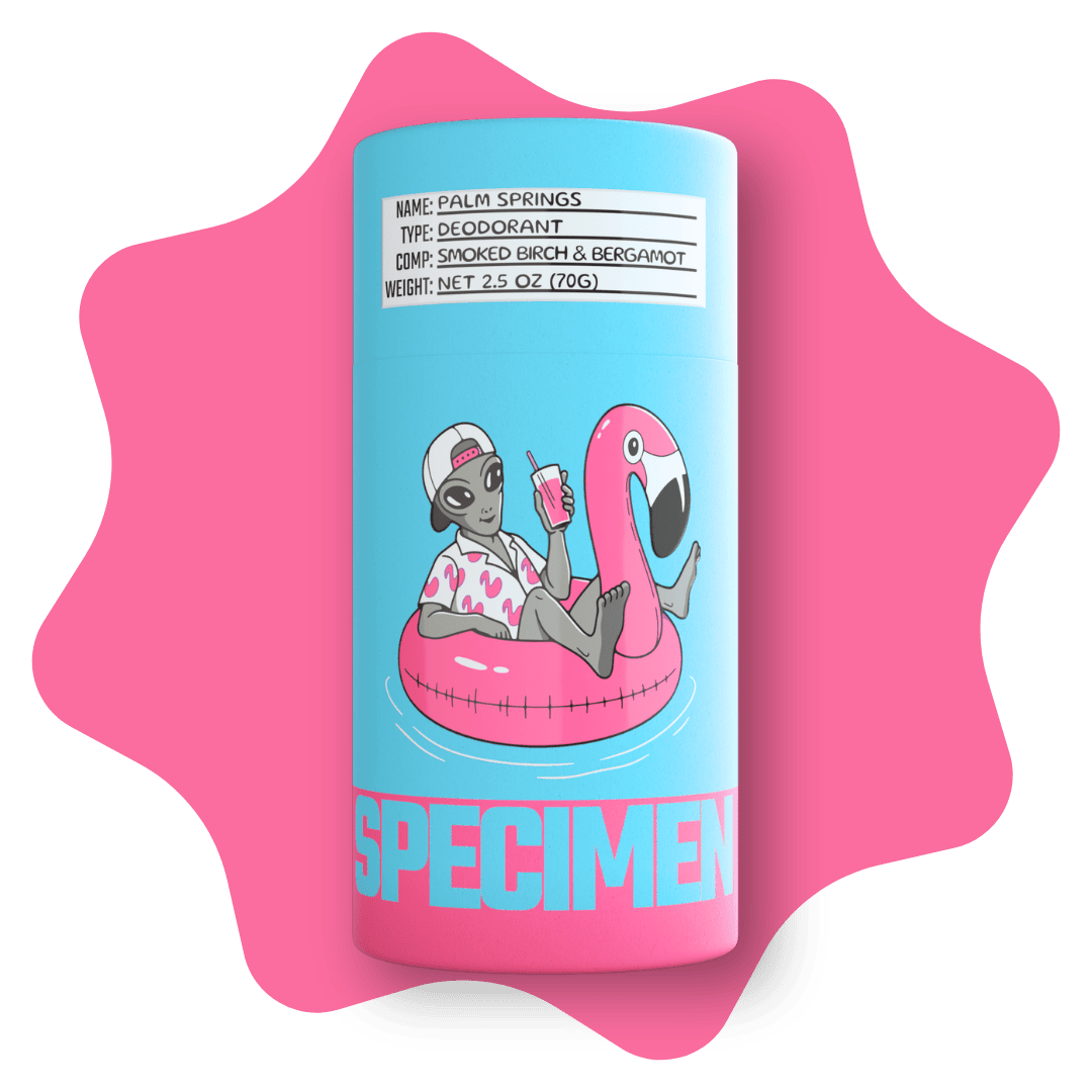 Specimen Plant-based, all-natural deodorant with plastic-free packaging for an eco-friendly and refreshing underarm experience PALM SPRINGS Bergamot and Smoked Birch