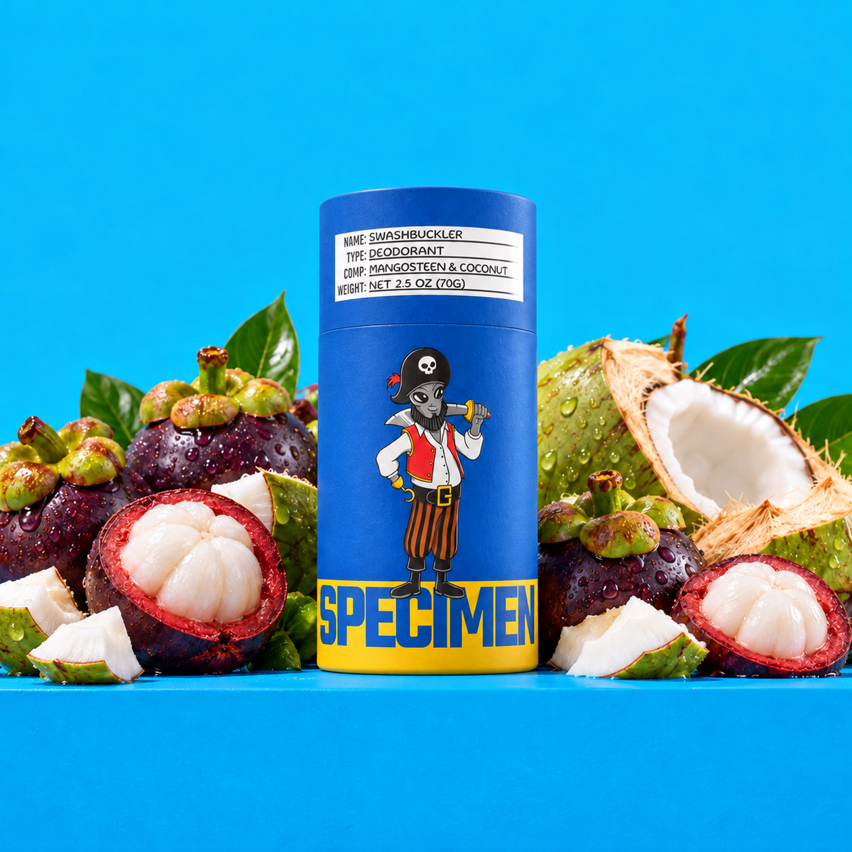 Specimen Swashbuckler natural deodorant in a navy paper tube with mangosteen and cracked green coconut