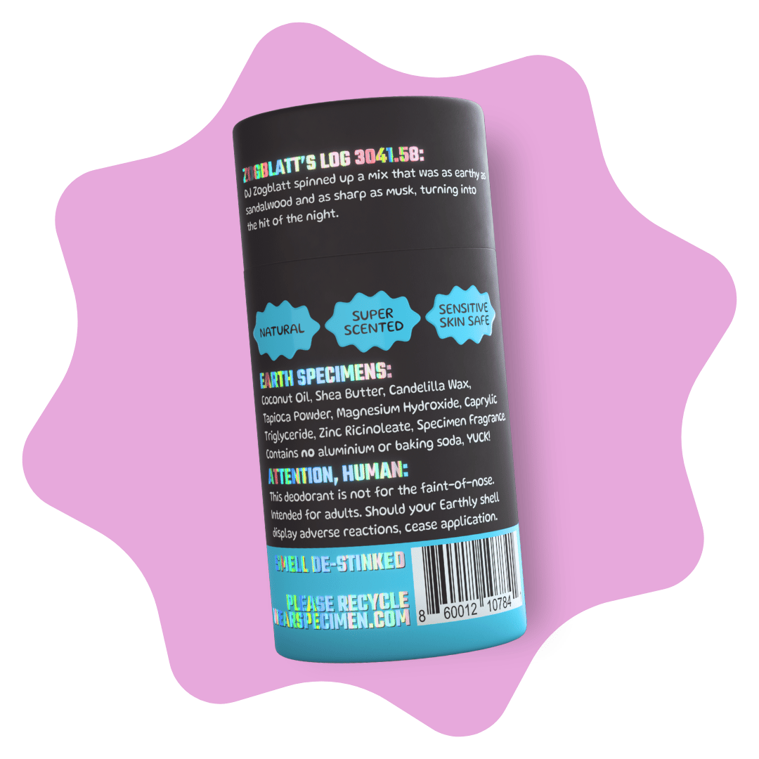 Back of Specimen natural deodorant tube showing eco-friendly packaging and ingredient list – aluminum-free, cruelty-free, and made with natural, skin-safe ingredients.