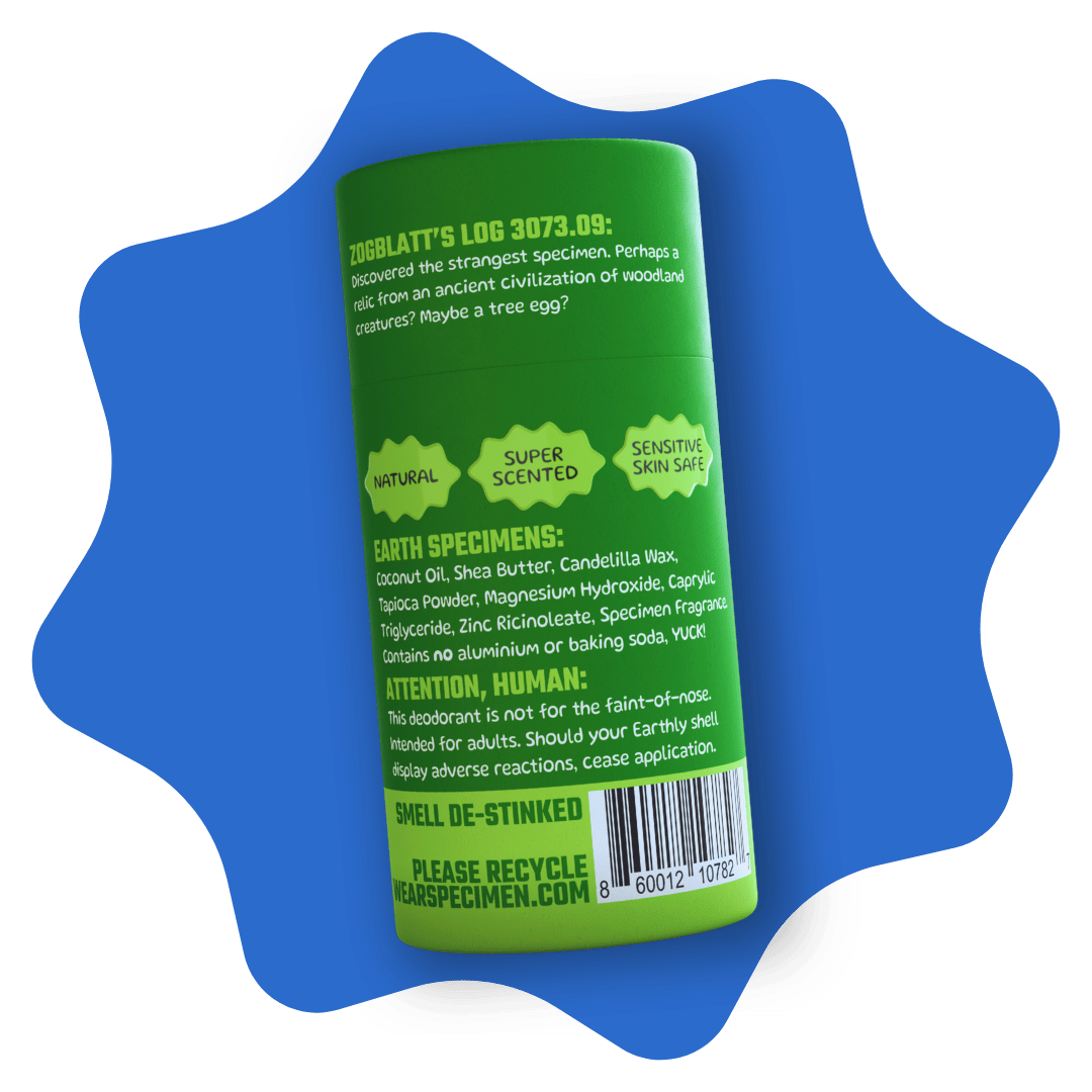 Back of Specimen natural deodorant tube showing eco-friendly packaging and ingredient list – aluminum-free, cruelty-free, and made with natural, skin-safe ingredients.